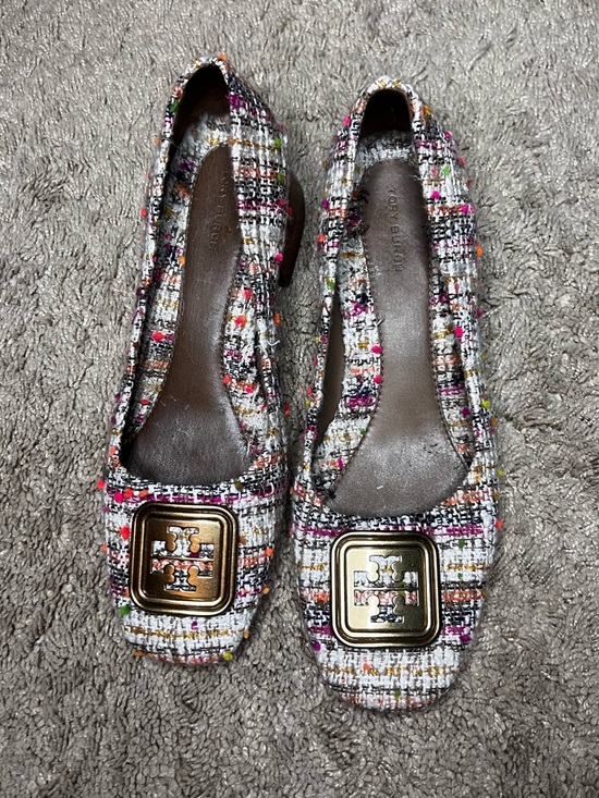 Tory Burch Georgia Shoes Square Toe Block Heeled Ballet Flats Tweed Size 8M - Picture 2 of 7